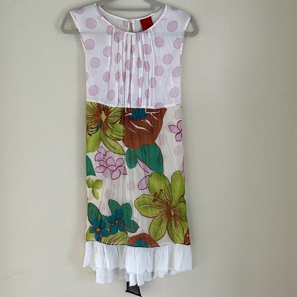 New Kanji Floral and Polka Dot Silk Dress. Size Small.